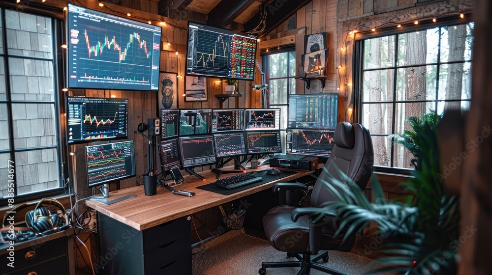 An investor's home office setup with multiple monitors showing stock data, a comfortable chair, and personal items like photos and books adding a human touch. An investor's home office setup with multiple monitors showing stock data, a comfortable chair, and personal items like photos and books adding a human touch.