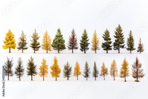 Mixed Evergreen and Deciduous Trees in Autumn Colors isolated white.