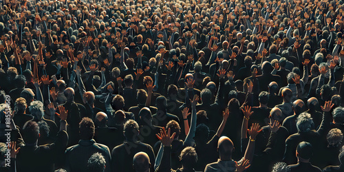 The Silent Majority: A massive crowd, faces obscured by shadow, hands raised in unison.