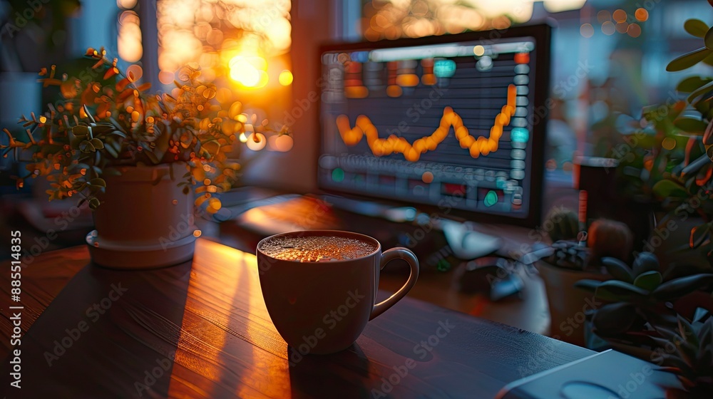 A serene early morning shot of a stockbroker's desk with a fresh cup of coffee, a computer showing pre-market data, and the soft glow of the sunrise through the window. A serene early morning shot of a stockbroker's desk with a fresh cup of coffee, a computer showing pre-market data, and the soft glow of the sunrise through the window.
