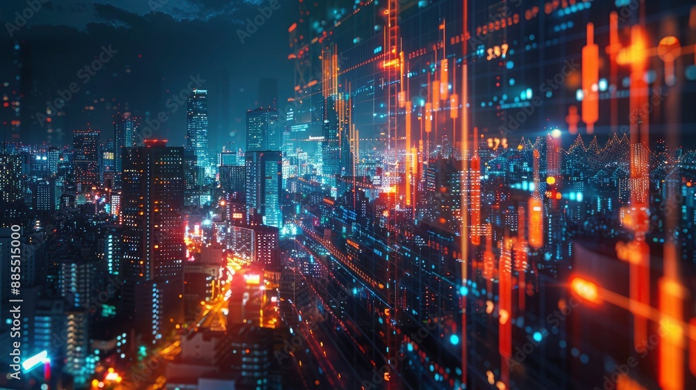 A conceptual image of a digital stock market interface superimposed over a cityscape at night, illustrating the integration of technology and finance. A conceptual image of a digital stock market interface superimposed over a cityscape at night, illustrating the integration of technology and finance.