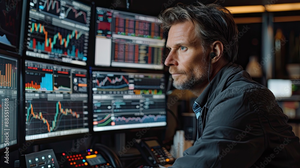 A professional trader in a sleek office environment, intensely analyzing stock charts on multiple monitors, highlighting dedication and expertise. A professional trader in a sleek office environment, intensely analyzing stock charts on multiple monitors, highlighting dedication and expertise.
