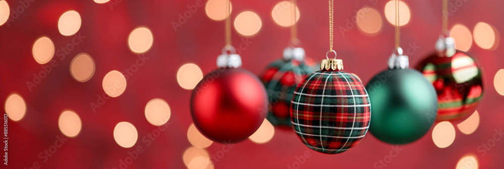 Red and green plaid Christmas balls hanging soft focus background with warm holiday lights Red and green plaid Christmas balls hanging soft focus background with warm holiday lights