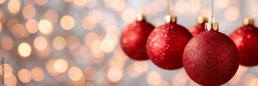 Fototapeta premium Shiny red Christmas balls hanging blurred background with golden bokeh lights classic holiday feel 