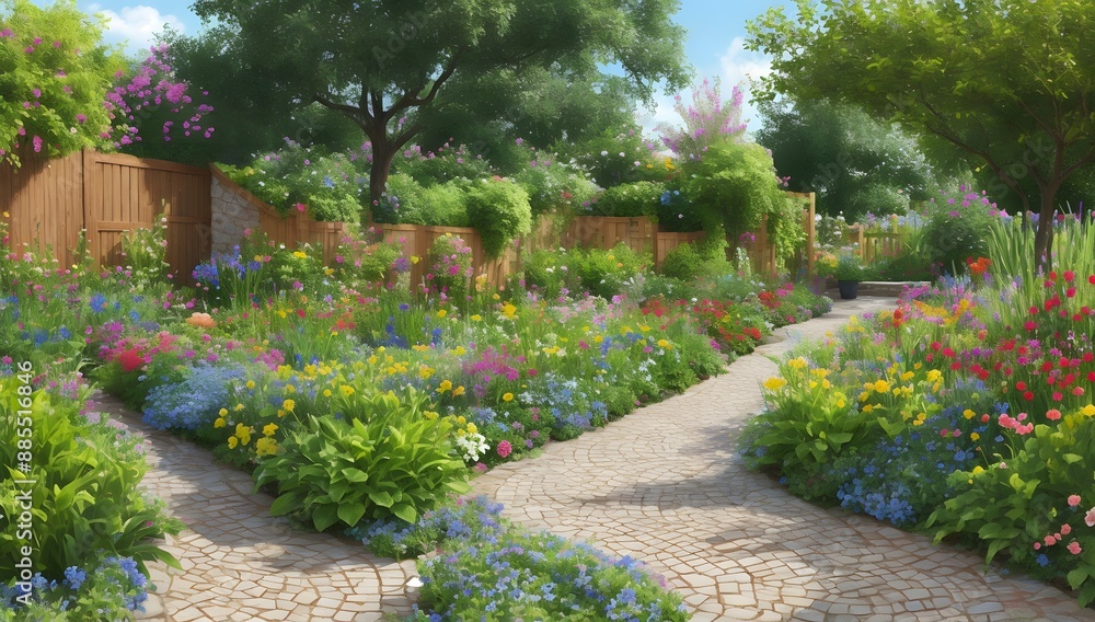 Obraz premium Path in the garden, flowers in the garden