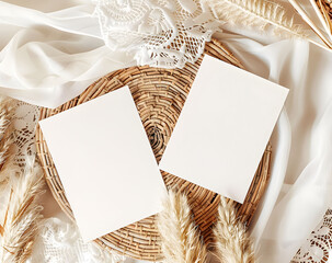 There are two blank cards placed on a beautifully woven tray alongside fabric pieces. Wedding invitation mock up.