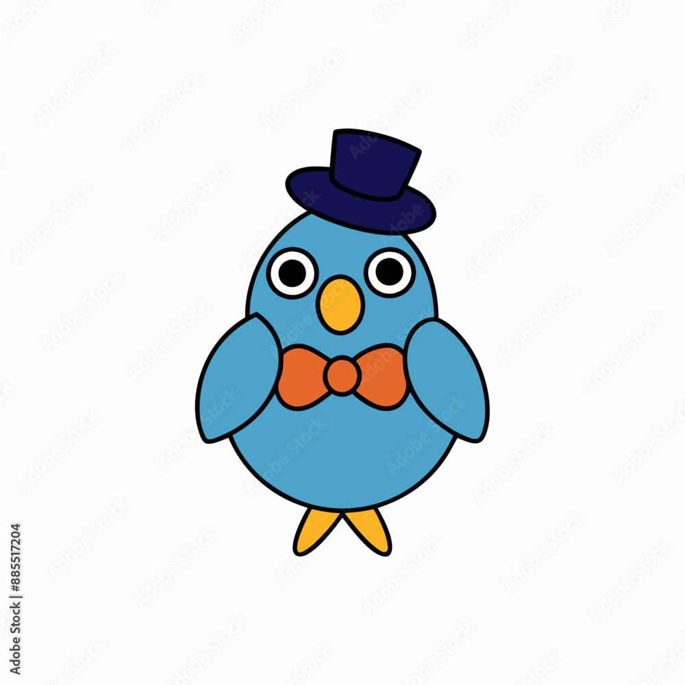 Doodle bird with a fancy hat and bow tie, white background Doodle bird with a fancy hat and bow tie, white background