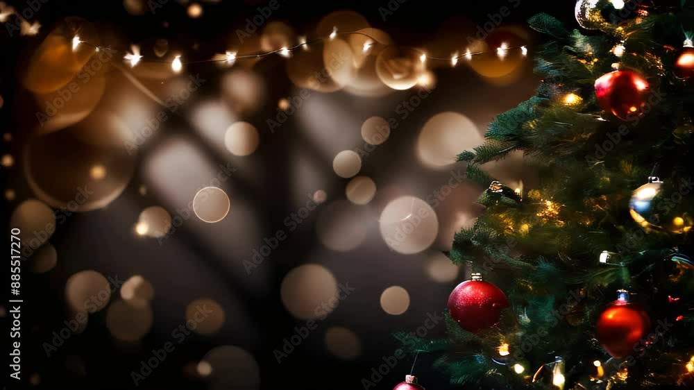 Christmas tree decorated with Christmas ornaments and Christmas lights garlands against bokeh background. Christmas slow motion copy space template background Christmas tree decorated with Christmas ornaments and Christmas lights garlands against bokeh background. Christmas slow motion copy space template background