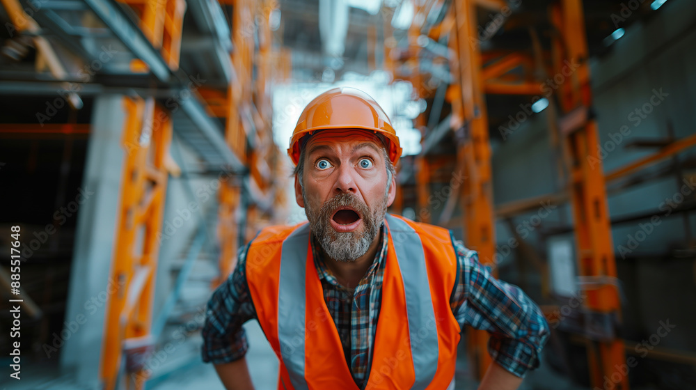 Portrait of a surprised master or worker. Construction site background. Construction site manager wearing a hard hat and safety vest. The surprised manager looks at the camera. AI generative Portrait of a surprised master or worker. Construction site background. Construction site manager wearing a hard hat and safety vest. The surprised manager looks at the camera. AI generative