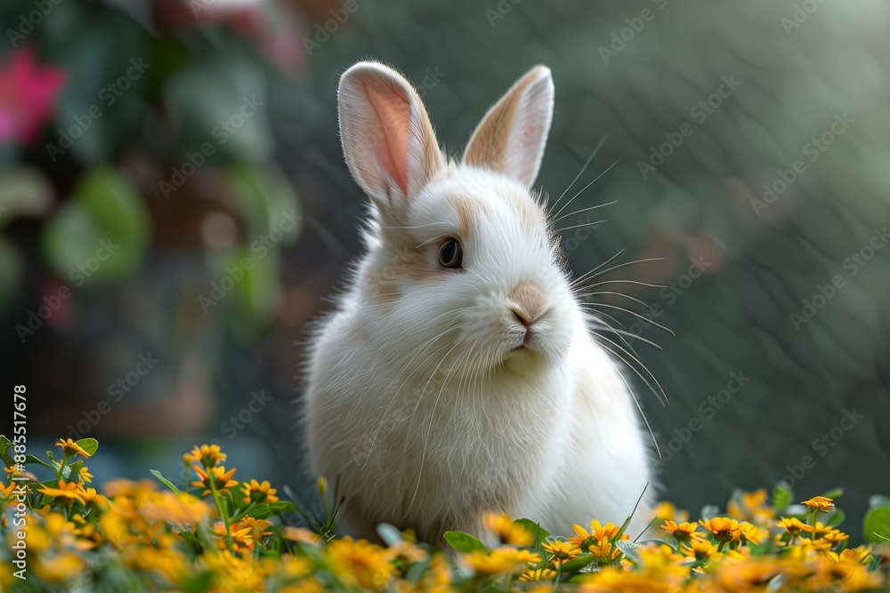 White Rabbit Sitting In Yellow Flowers White Rabbit Sitting In Yellow Flowers