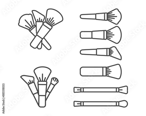 Makeup and cosmetics. Collection vector graphic icons of beauty brushes for face, powder, blush, eyeshadow.