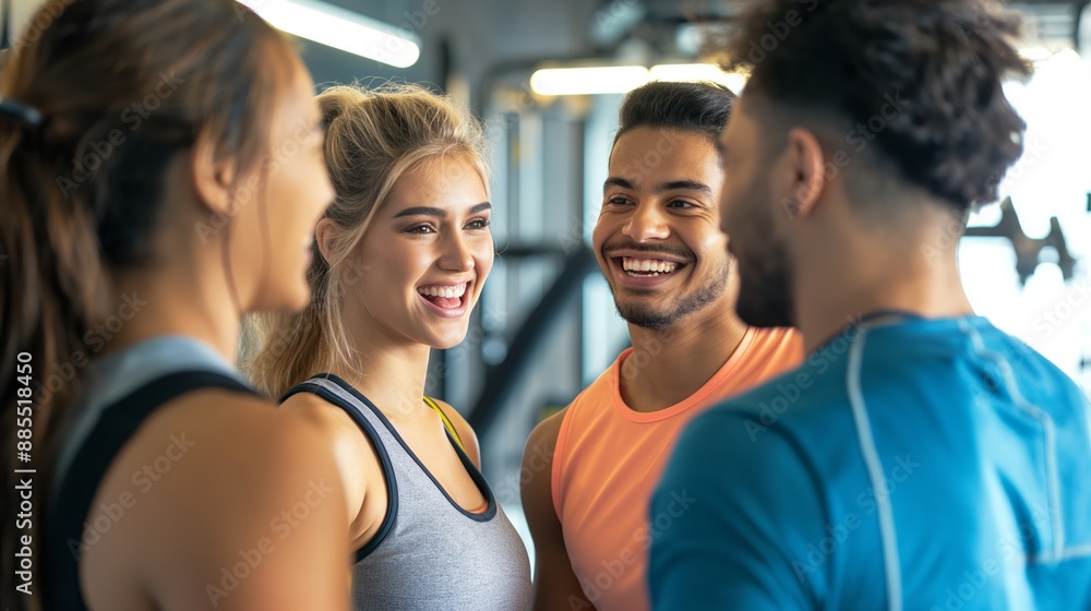 Group of happy friends talking after working out in a gym. Copy space. Group of happy friends talking after working out in a gym. Copy space.