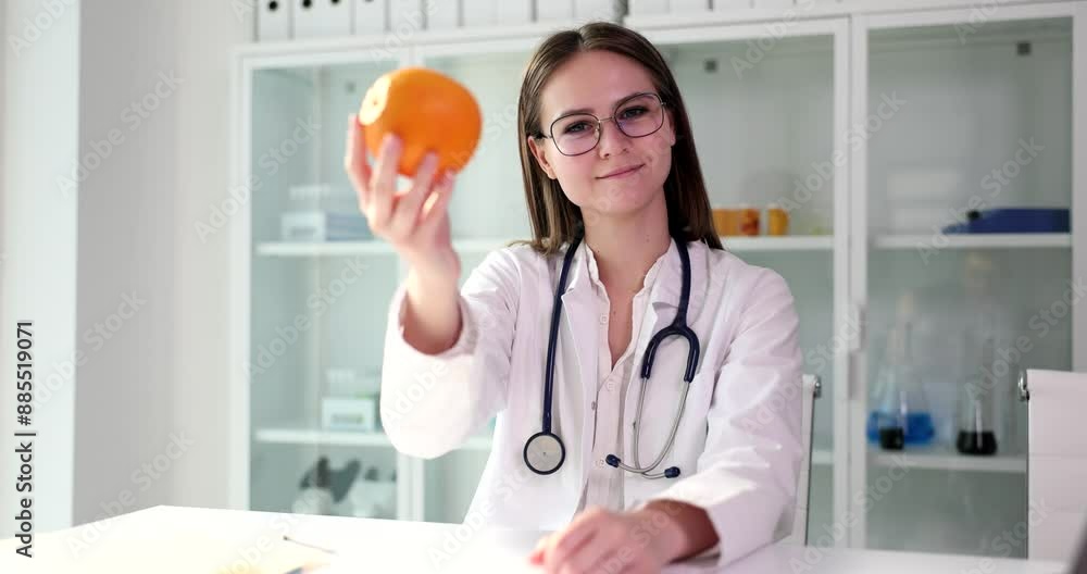 Positive female doctor holds ripe orange in hand looking in camera and slightly smiling. Cheerful Woman in glasses with stethoscope sits at table in clinic slow motion Positive female doctor holds ripe orange in hand looking in camera and slightly smiling. Cheerful Woman in glasses with stethoscope sits at table in clinic slow motion