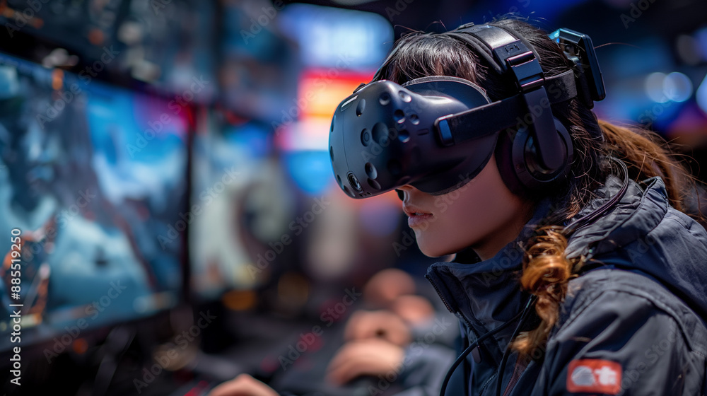 Individual gaming in virtual reality, enveloped by vivid dynamic landscapes, detailed characters and interactive elements, fully immersive high-tech experience. Individual gaming in virtual reality, enveloped by vivid dynamic landscapes, detailed characters and interactive elements, fully immersive high-tech experience.