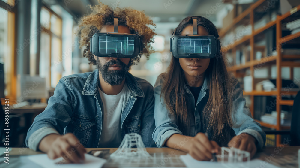 Design team using augmented reality glasses to work on 3D models ...