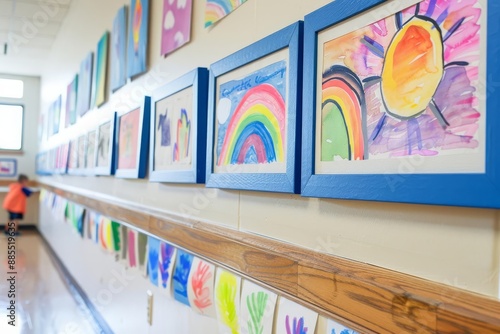 Children s art on display, classroom walls, creative expressions, Watercolor style photo