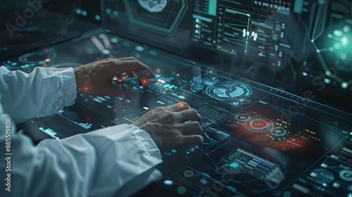 The person working on a computer with a background that includes abstract graphics of technology, in the style of medical care, selective focus, shaped canvas, commission for, uhd image, light silver 