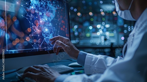 The person working on a computer with a background that includes abstract graphics of technology, in the style of medical care, selective focus, shaped canvas, commission for, uhd image, light silver 