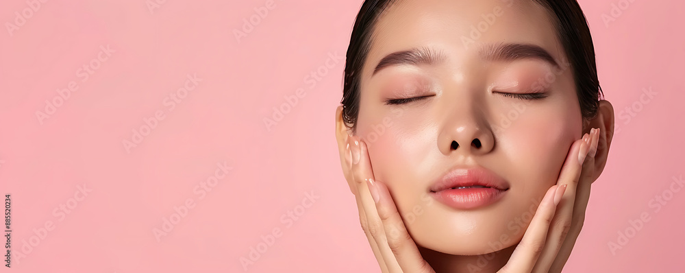 Woman hands touching beautiful young asian woman face, with closed eyes over smilling for skin care red background. Woman hands touching beautiful young asian woman face, with closed eyes over smilling for skin care red background.