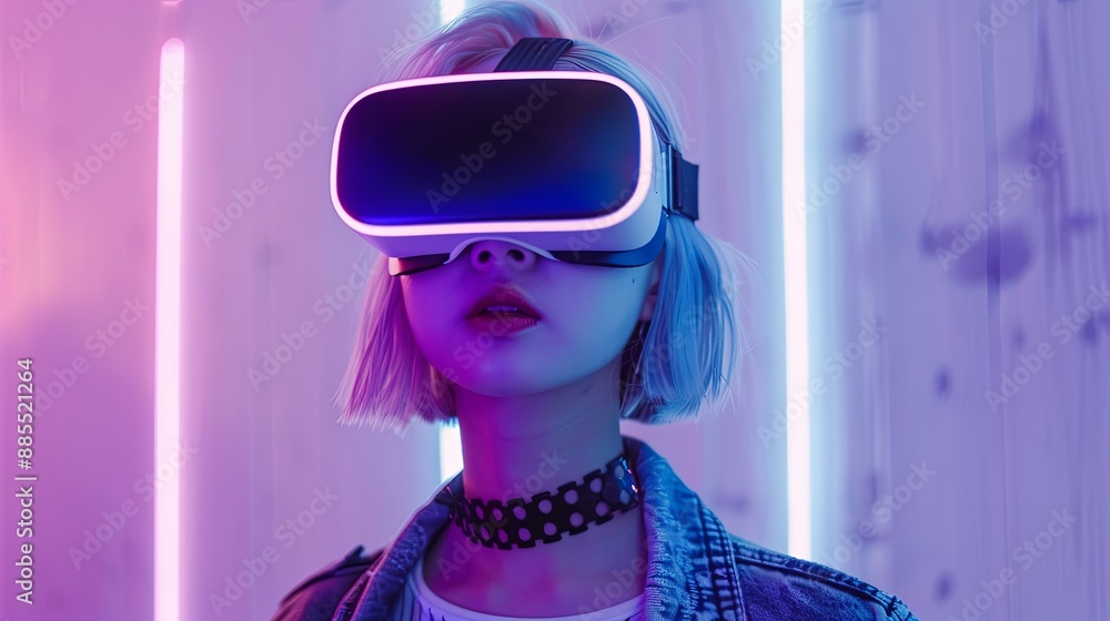 Young girl model with short white hairs wearing a VR visor viewer, purple led lights on the VR and on the wall behind her Young girl model with short white hairs wearing a VR visor viewer, purple led lights on the VR and on the wall behind her