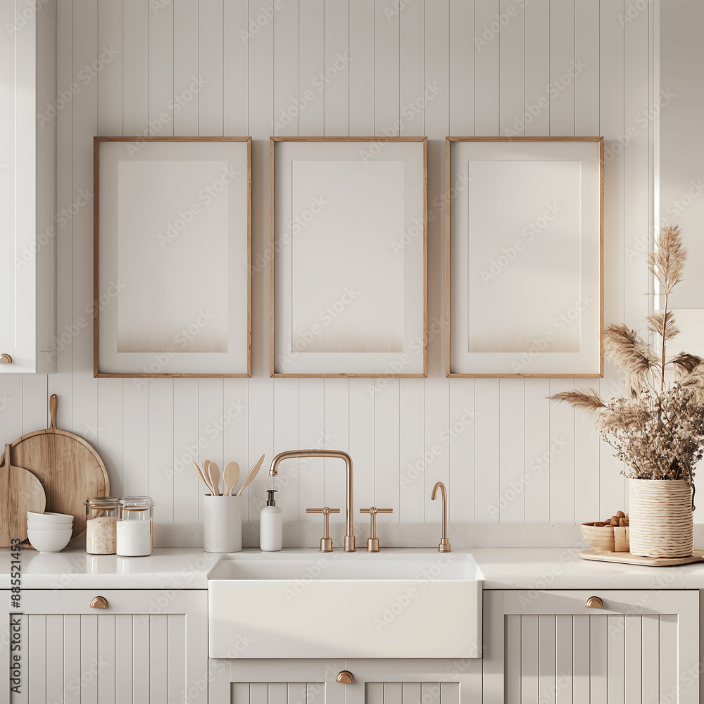 Fototapeta premium Bright Modern Kitchen with Triple Blank Frames and Elegant Decor
