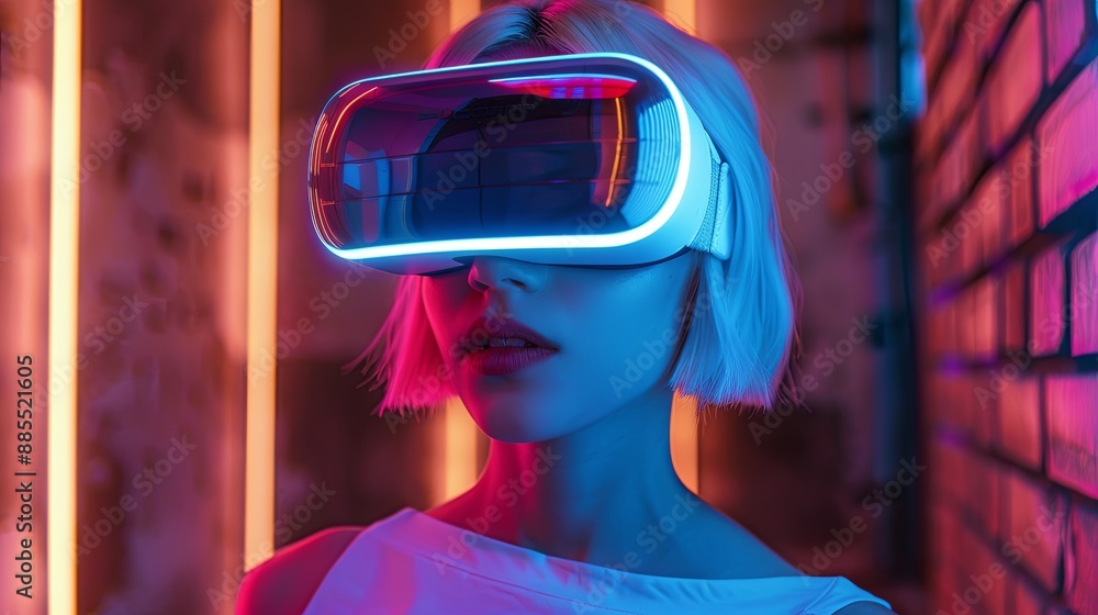 Young girl model with short white hairs wearing a VR visor viewer, purple led lights on the VR and on the wall behind her Young girl model with short white hairs wearing a VR visor viewer, purple led lights on the VR and on the wall behind her