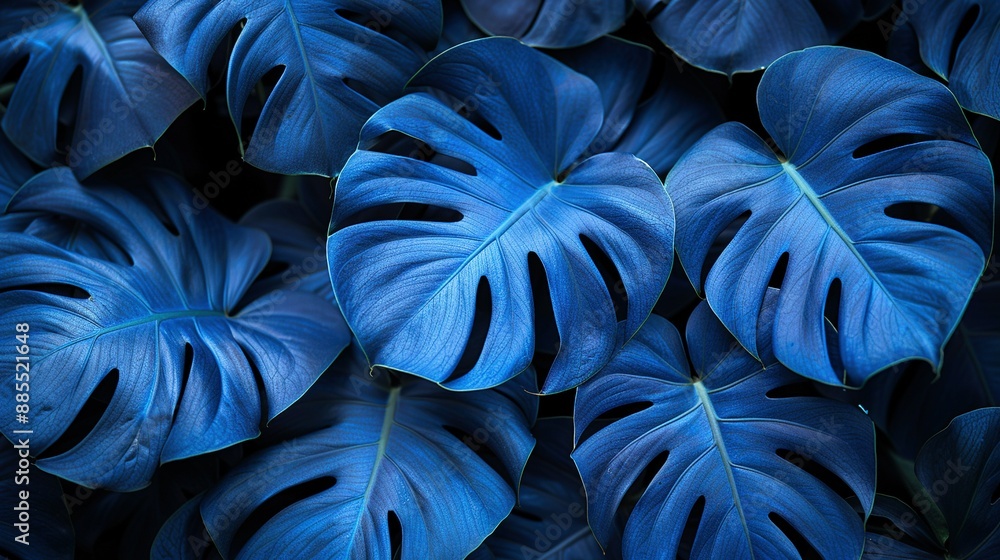 A zoomed-in photo of a blue plant surrounded by many leaves against a dark backdrop A zoomed-in photo of a blue plant surrounded by many leaves against a dark backdrop
