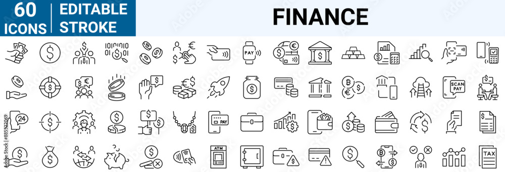 Finance line web icons Money and Coins. Cash, Credit Cards, Money Bag, Containing banking, Investment, income, accounting, money, loan. Editable stroke. Finance line web icons Money and Coins. Cash, Credit Cards, Money Bag, Containing banking, Investment, income, accounting, money, loan. Editable stroke.