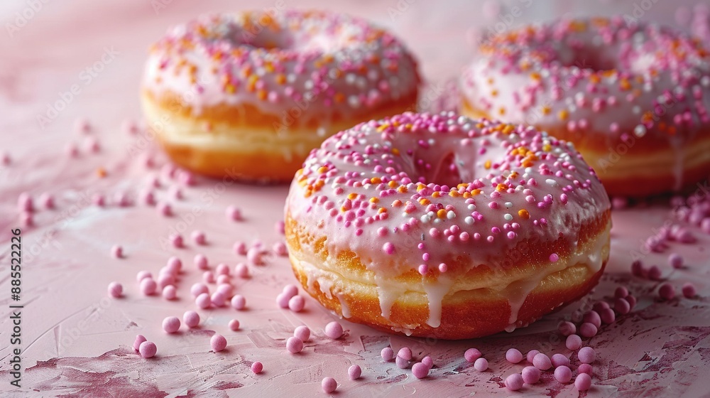 Three donuts with pink and white sprinkles on a pink surface with pink and white sprinkles Three donuts with pink and white sprinkles on a pink surface with pink and white sprinkles