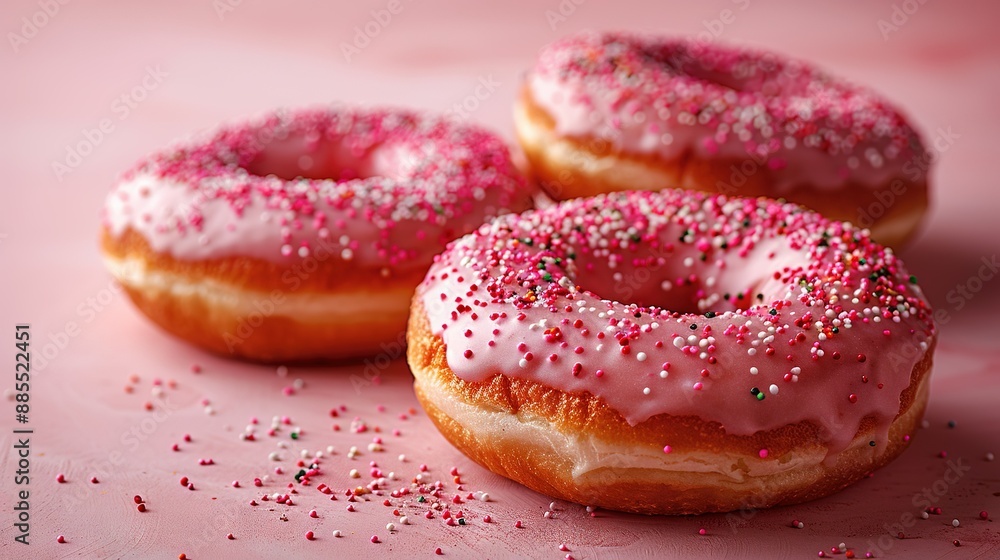 Three pink-frosted donuts with sprinkles on a pink surface are adorned with both pink and white sprinkles Three pink-frosted donuts with sprinkles on a pink surface are adorned with both pink and white sprinkles