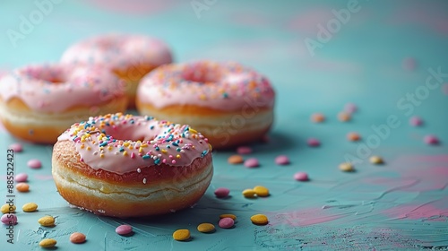  Three Doughnuts with Pink Frosting and Sprinkles on a Blue Surface with Pink and Yellow Sprinkles