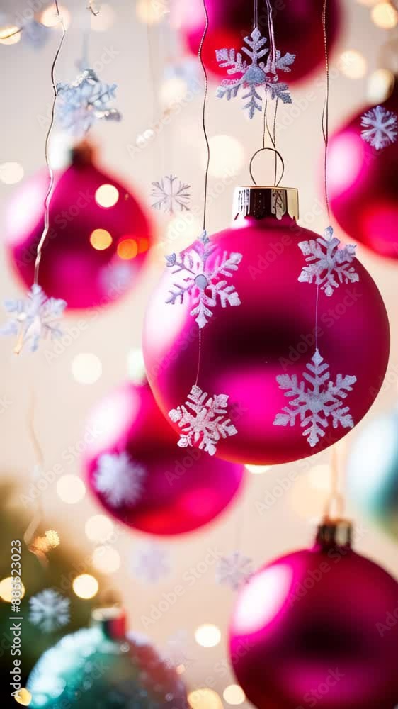 pink Christmas ornaments against a wintery background with garlands bokeh lights, snowflakes and snow-covered Christmas trees. Christmas backdrop pink Christmas ornaments against a wintery background with garlands bokeh lights, snowflakes and snow-covered Christmas trees. Christmas backdrop