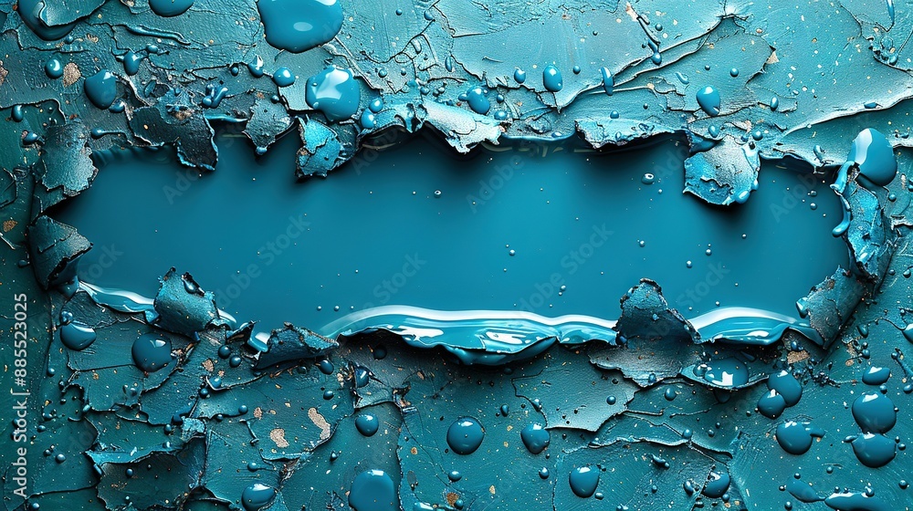 A close-up of blue paint with water droplets and flaking off A close-up of blue paint with water droplets and flaking off