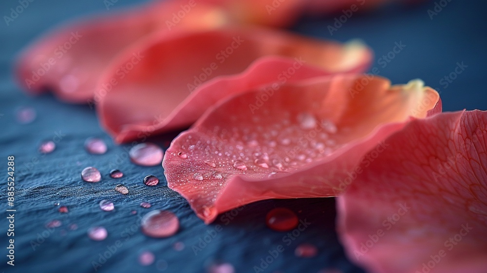 A macro shot of a petal with dew droplets and a tranquil blue pond adorned with ripples A macro shot of a petal with dew droplets and a tranquil blue pond adorned with ripples