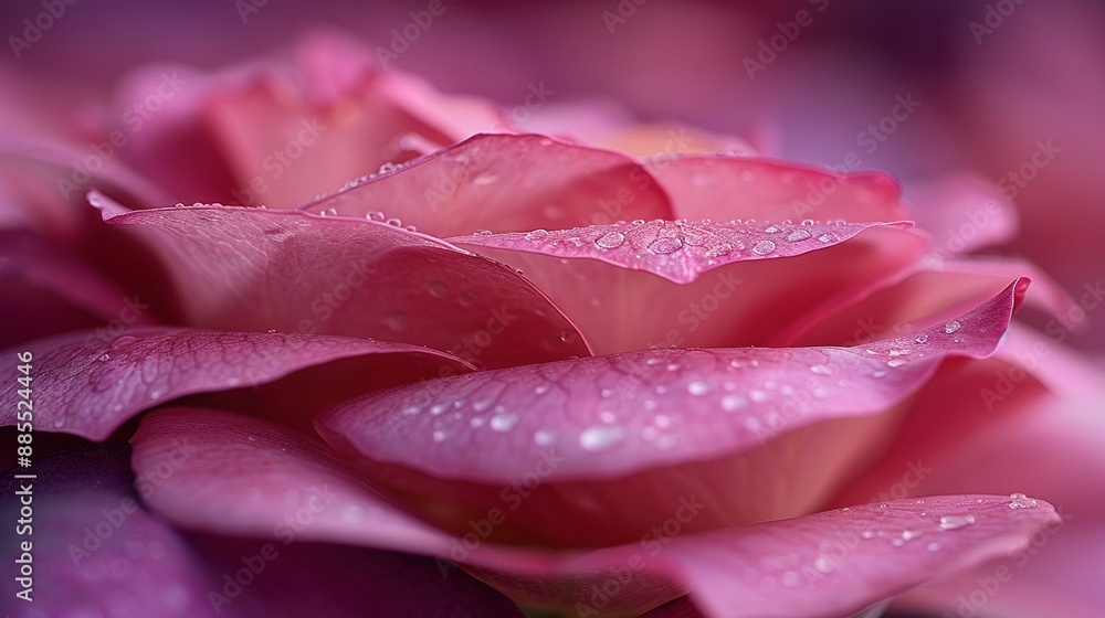 A pink rose in sharp focus with water droplets on its petals and a blurred background A pink rose in sharp focus with water droplets on its petals and a blurred background