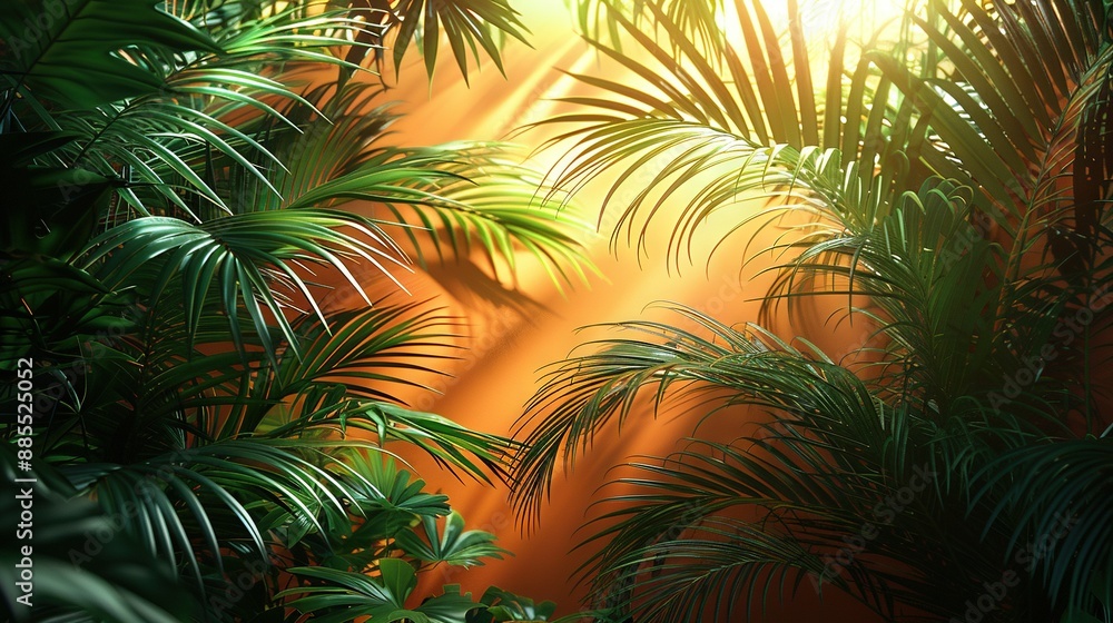 A vibrant depiction of a lush tropical landscape featuring towering palm trees in the foreground and an illuminating sunbeam emanating from behind A vibrant depiction of a lush tropical landscape featuring towering palm trees in the foreground and an illuminating sunbeam emanating from behind