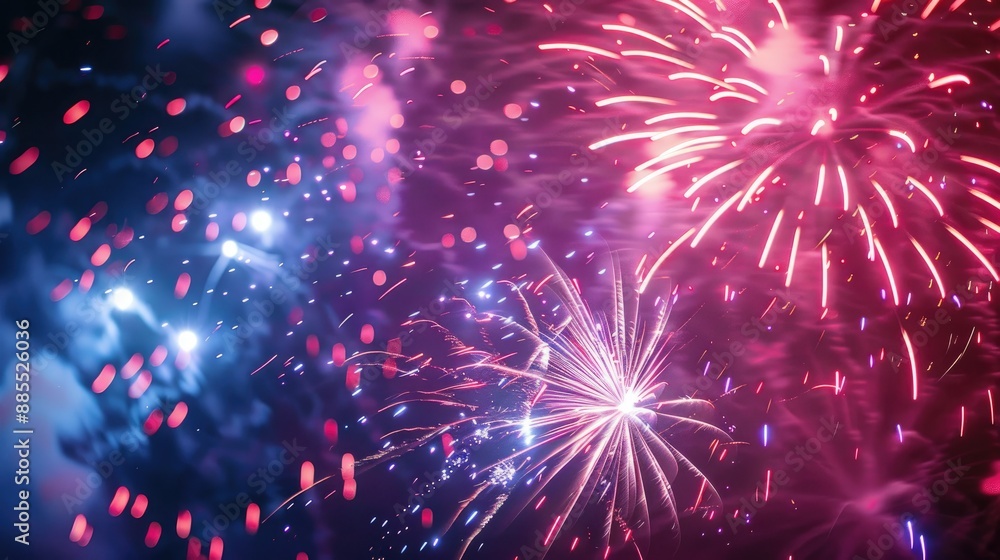 Fototapeta premium Glowing fireworks light up the night sky in vivid hues of pink and blue