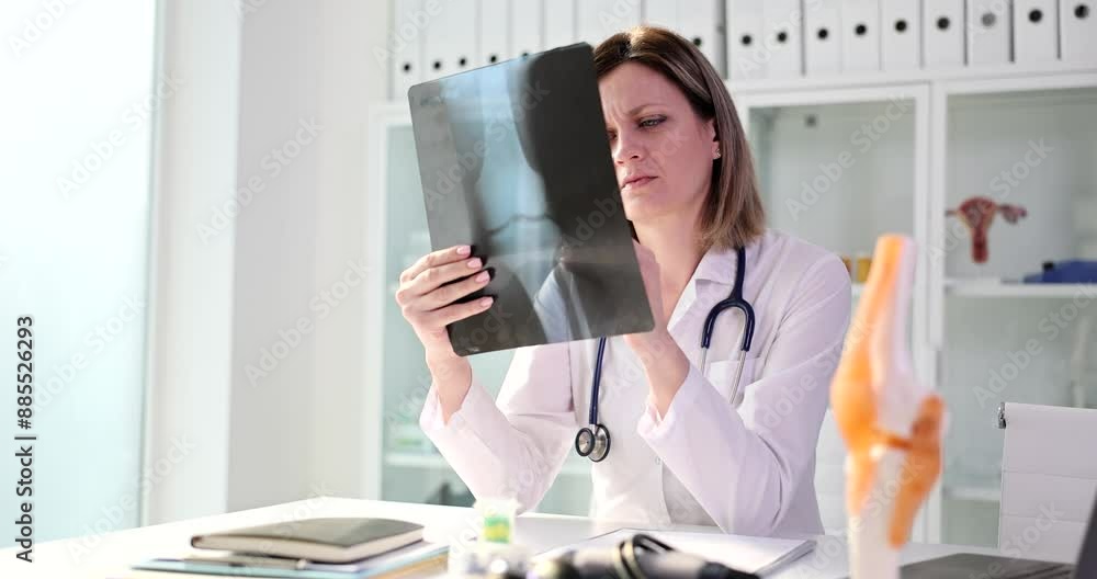 Focused medic in uniform examines x-ray picture of joint before appointment with patient. Woman sits at table in clinic looking at radiograph slow motion Focused medic in uniform examines x-ray picture of joint before appointment with patient. Woman sits at table in clinic looking at radiograph slow motion