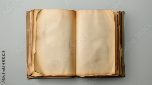 Opened a book with old antique parchment pages. Top front view of ancient fancy vintage decorative spell book. AI generated