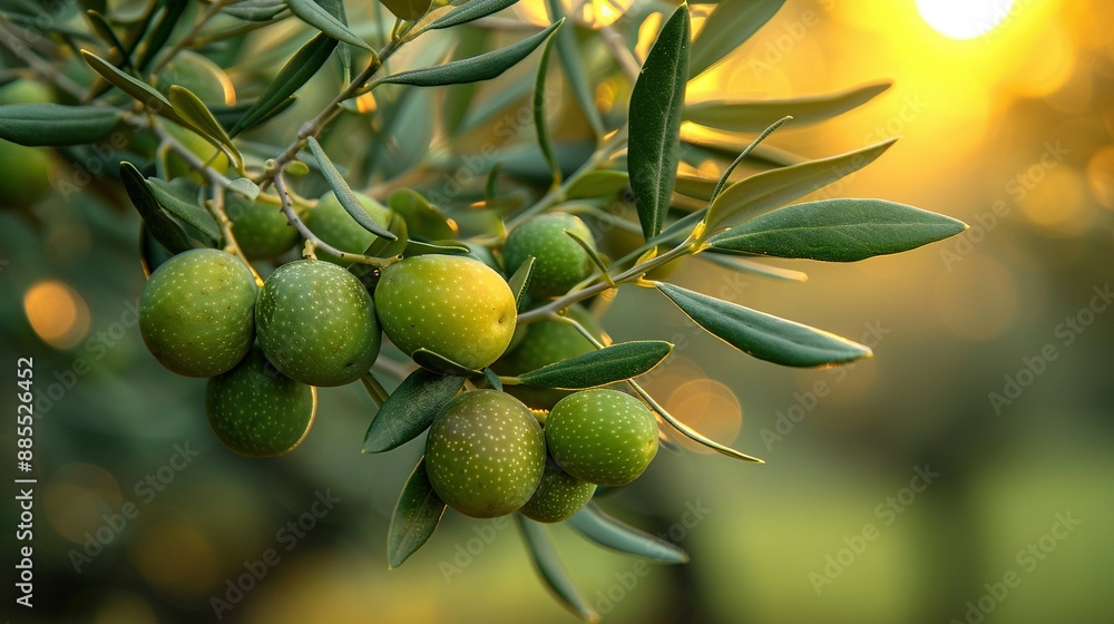A group of green olives dangling from a tree with the sun shining in the background A group of green olives dangling from a tree with the sun shining in the background