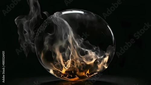 A dying fire and clouds of smoke in a glass sphere on a black background