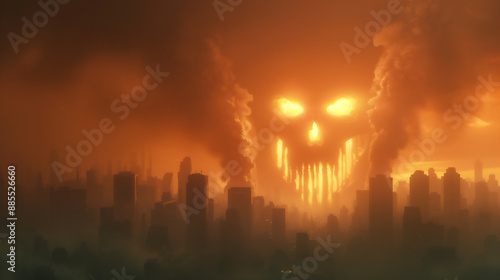 Apocalyptic Cityscape With Skull Shape in Smoky Sky, Abstract Horror Scene, Surreal Urban Environment, Halloween Theme, Smoky Orange Sunset Over Metropolis, Ominous Atmospheric Visual Concept