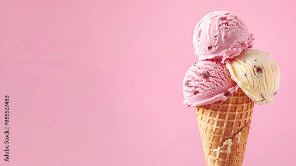 Triple scoop ice cream cone with pink and vanilla flavors against a pink background. Triple scoop ice cream cone with pink and vanilla flavors against a pink background.