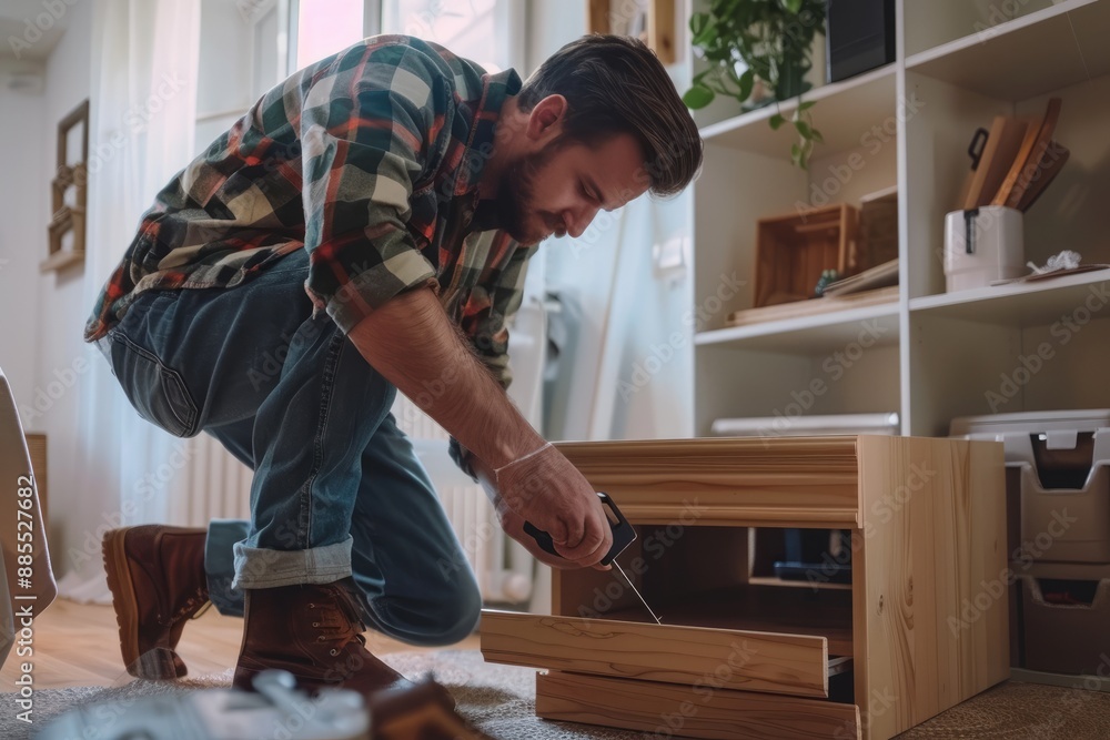 Person Assembling Furniture in Living Room Person Assembling Furniture in Living Room