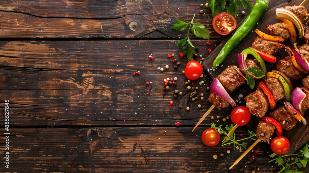 Naklejka premium Grilled kebabs on wooden sticks with vegetables, presented on a rustic wooden table with fresh herbs and spices.