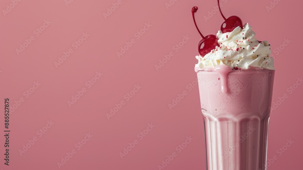 Pink milkshake topped with whipped cream and cherries against a pink background. Pink milkshake topped with whipped cream and cherries against a pink background.