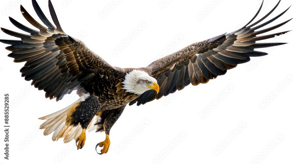 Obraz premium Photograph of a majestic eagle soaring through the sky, its sharp talons extended against a transparent background.