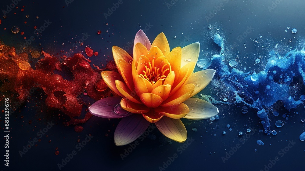 A yellow and red flower floats on top of a blue and red liquid-filled water body against a dark background A yellow and red flower floats on top of a blue and red liquid-filled water body against a dark background