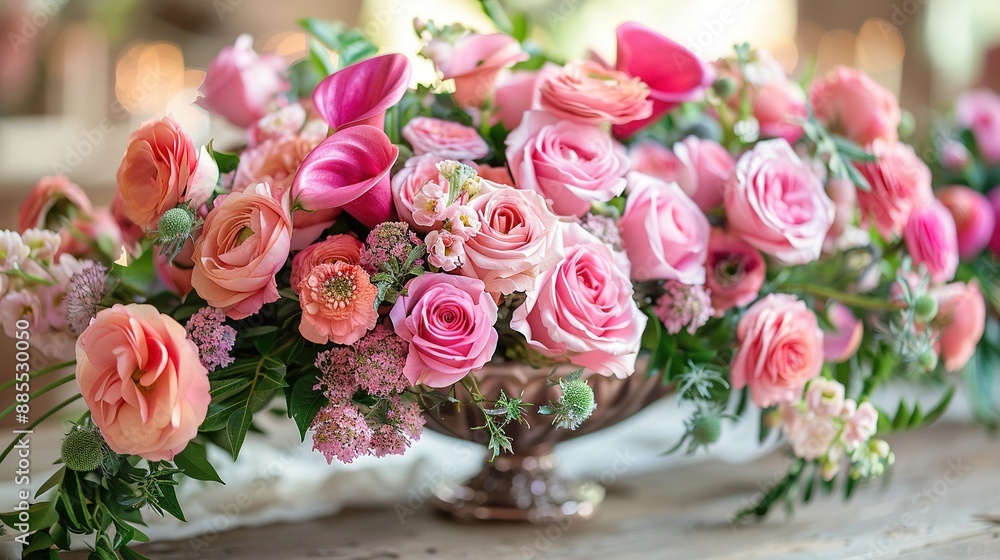 A vase brimming with many pink blossoms rests atop a table near other flower-laden vessels A vase brimming with many pink blossoms rests atop a table near other flower-laden vessels