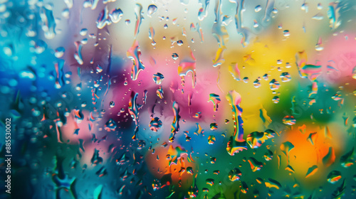 A Delicate Ballet of Nature's Artistry. Each Drop Clings Silently to the Smooth Surface, Distorting the View with Tiny Worlds of Refracted Light. Rainy Day Elegance Captured in Microcosm.